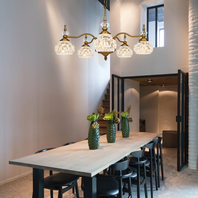 Montex Brass Pendant Light Fixture, Gold Vintage Chandelier Light Fixture 5 Lights, Include 6 Light Bulbs Glass Pendant Light Crystal Hanging Light - Image 5