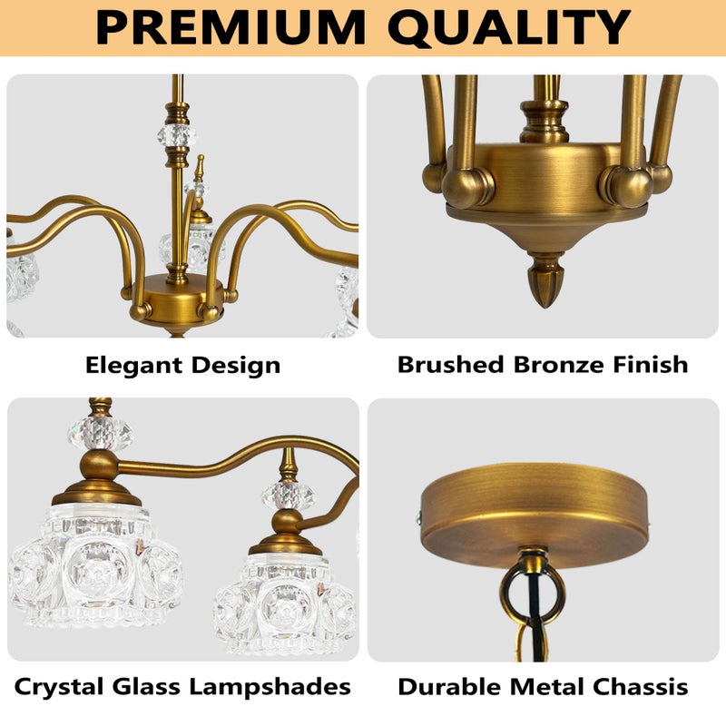 Montex Brass Pendant Light Fixture, Gold Vintage Chandelier Light Fixture 5 Lights, Include 6 Light Bulbs Glass Pendant Light Crystal Hanging Light - Image 3