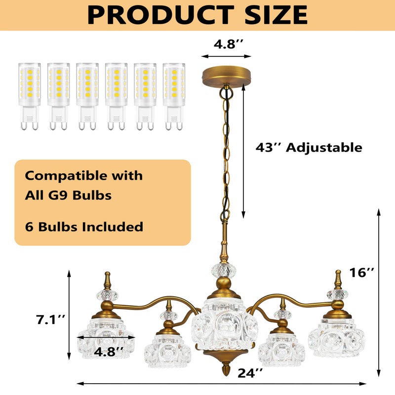 Montex Brass Pendant Light Fixture, Gold Vintage Chandelier Light Fixture 5 Lights, Include 6 Light Bulbs Glass Pendant Light Crystal Hanging Light - Image 4