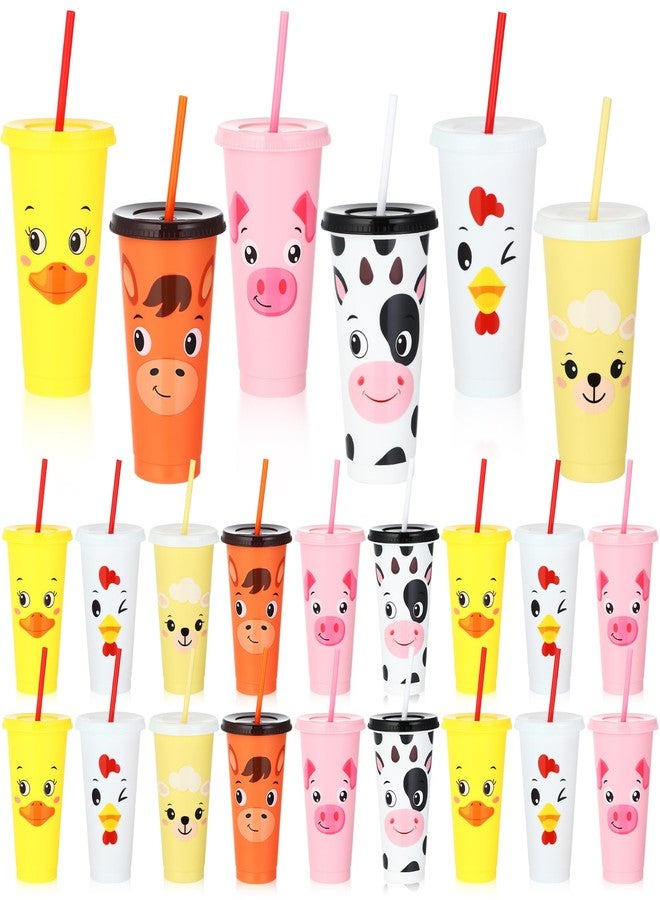 Domensi 24 Pcs Plastic Cups with Lid Straw 24 oz Reusable Tumbler Water Bottle Coffee Mug for Team Employee Students Birthday Party Favors Supplies(Farm Animal) - Image 1