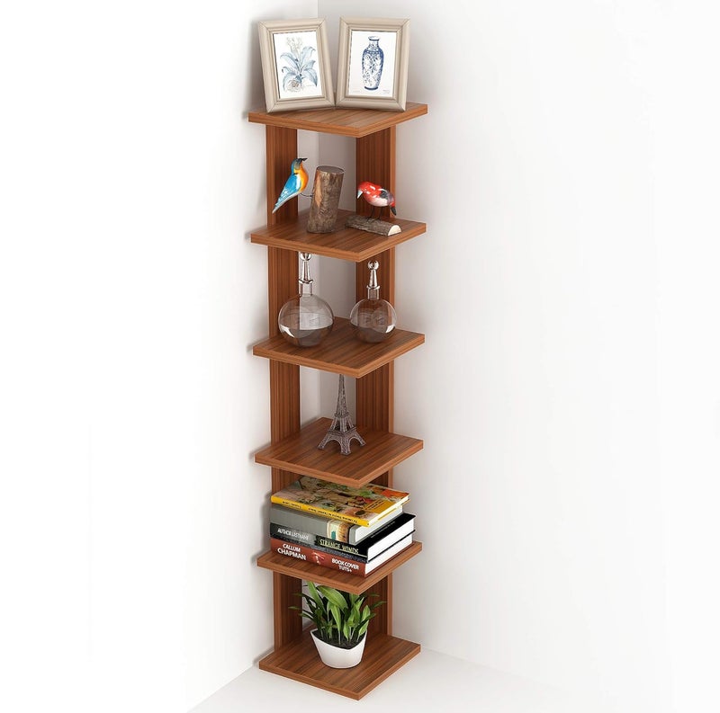 BLUEWUD Braine Engineered Wood Multipurpose Wall Decor Floating Free Standing Shelf Display Rack Decorative Hall Dcor for Living Room Home Furniture Walnut 6 Square Shelves - Image 4