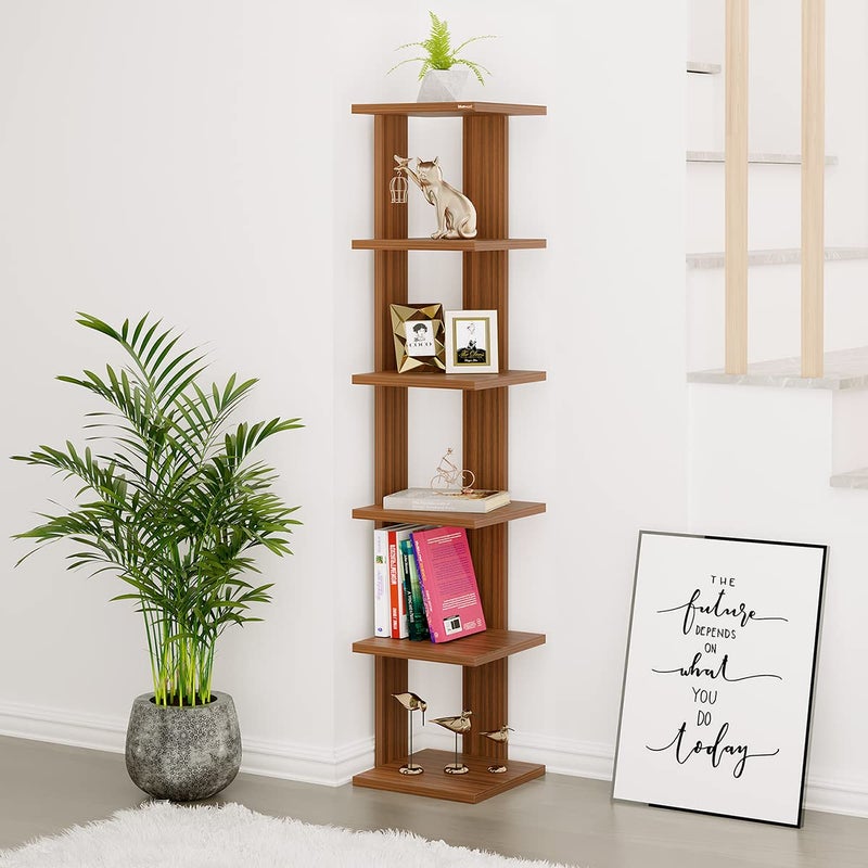 BLUEWUD Braine Engineered Wood Multipurpose Wall Decor Floating Free Standing Shelf Display Rack Decorative Hall Dcor for Living Room Home Furniture Walnut 6 Square Shelves - Image 1