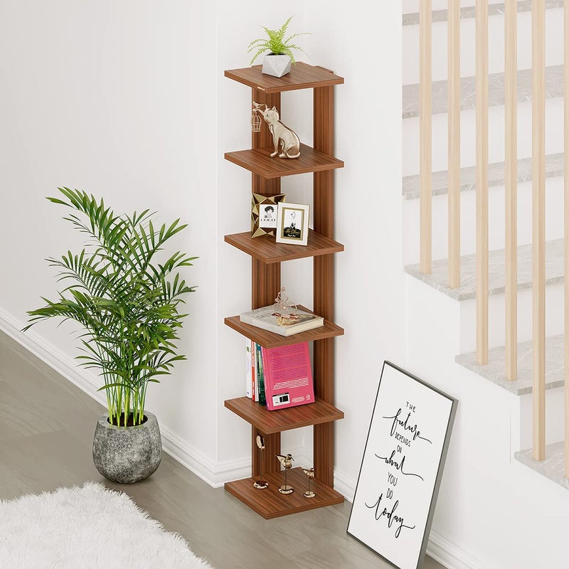 BLUEWUD Braine Engineered Wood Multipurpose Wall Decor Floating Free Standing Shelf Display Rack Decorative Hall Dcor for Living Room Home Furniture Walnut 6 Square Shelves - Image 3