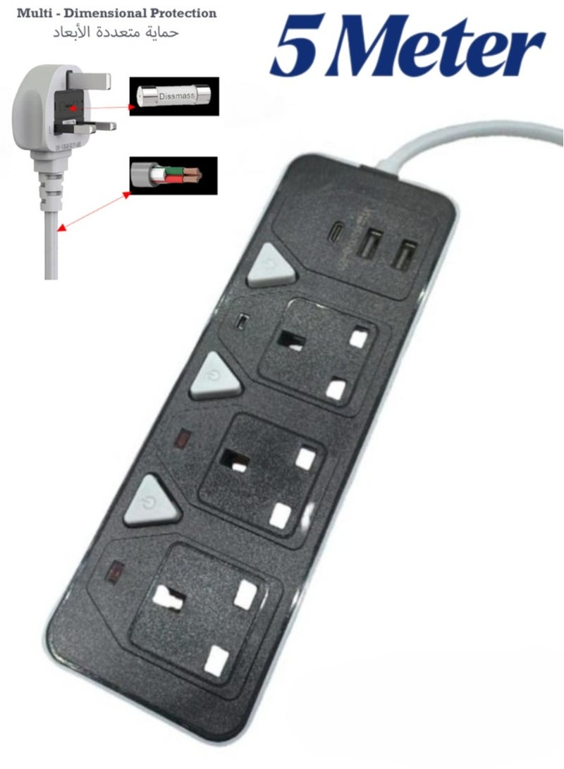 5M Power Extension Cord,5meter Power Strip has 2USB 1PD Type C & 3UK Power Socket,13A Heavy Duty Extension Lead Surge Protection Extension Socket with safety shutter Best For Home,Office,Travel (5M-3PW-2USB-1PD)