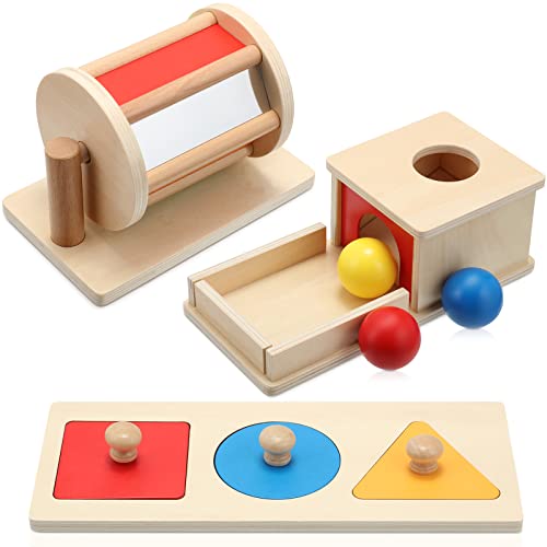Sratte 3 Pcs Wooden Baby Toys Set Object Permanence Box Rainbow Drum Colorful Multiple Shape Puzzles Toys Preschool Toys Set for 612 Month Infant 1 2 3 Year Old Toddlers Babies - Image 1