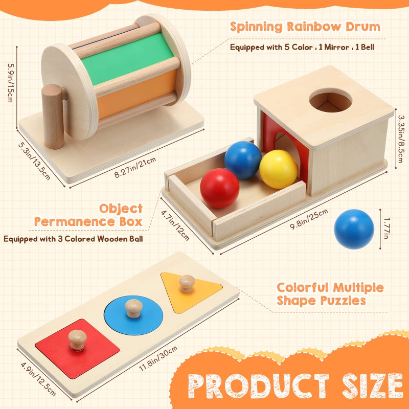 Sratte 3 Pcs Wooden Baby Toys Set Object Permanence Box Rainbow Drum Colorful Multiple Shape Puzzles Toys Preschool Toys Set for 612 Month Infant 1 2 3 Year Old Toddlers Babies - Image 3