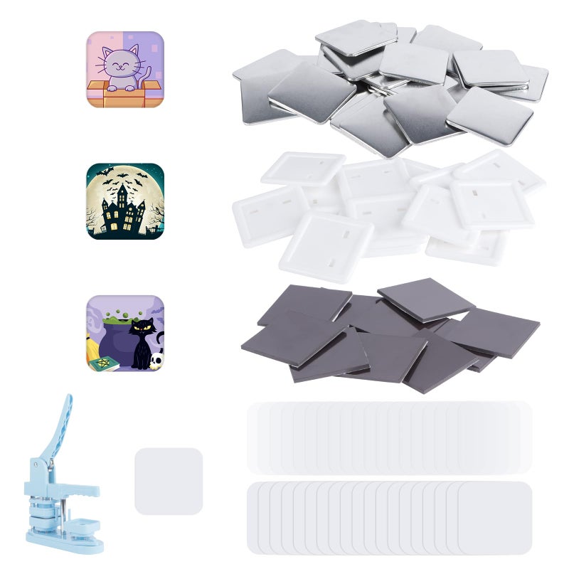 MK.Bear 100 Sets Square Button Partsï¼ŒFridge Magnet Button Maker Supplies for Square-Shaped Badge Maker Machine 50mmï¼ŒIncluding Metal Cover, Plastic Back Cover, Clear Film, - Image 1