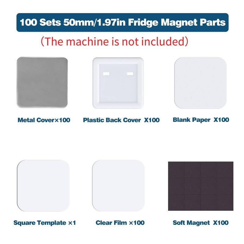 MK.Bear 100 Sets Square Button Partsï¼ŒFridge Magnet Button Maker Supplies for Square-Shaped Badge Maker Machine 50mmï¼ŒIncluding Metal Cover, Plastic Back Cover, Clear Film, - Image 2