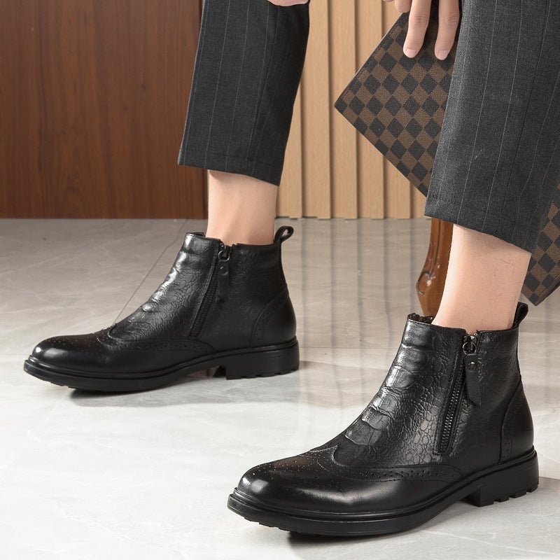 9993 Men'S And Women'S Shoes Business Leather Boots Formal Brogue Boots High-Top Zipper Carved Leather Cowhide Surface Casual - Image 4