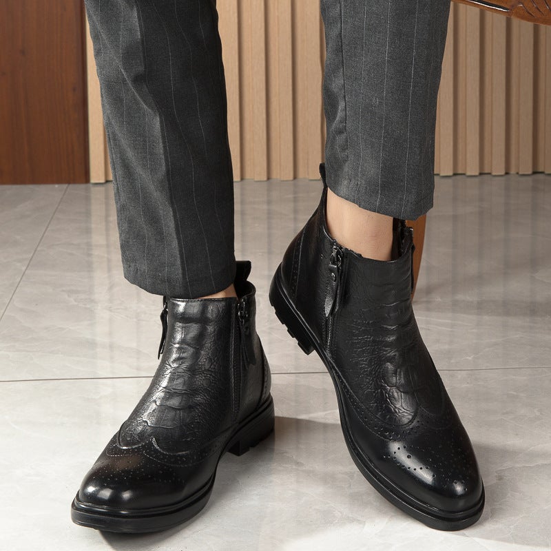 9993 Men'S And Women'S Shoes Business Leather Boots Formal Brogue Boots High-Top Zipper Carved Leather Cowhide Surface Casual - Image 3