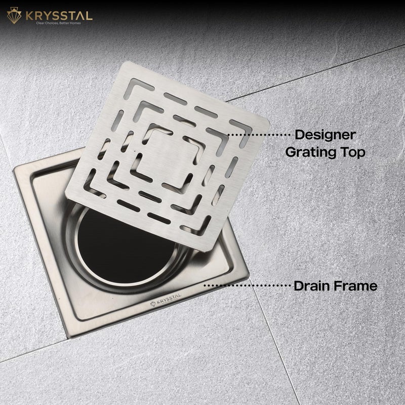 KRYSSTAL Spiro Floor Drain | 304 Stainless Steel Square Jali | Designer Matte Finish Grating for Bathroom (5x5 Inches) - Image 4