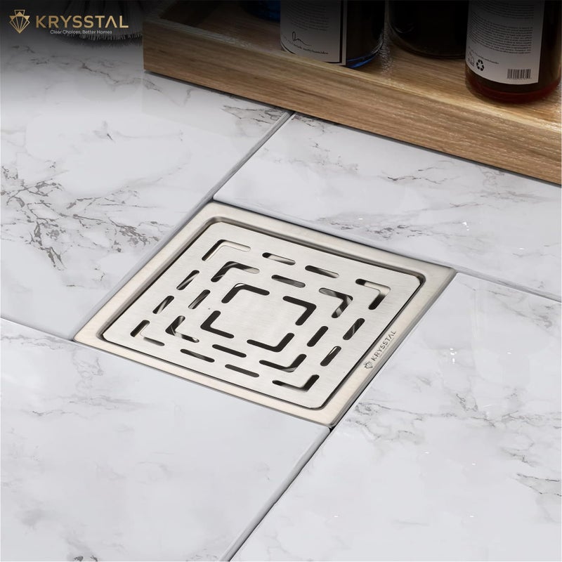 KRYSSTAL Spiro Floor Drain | 304 Stainless Steel Square Jali | Designer Matte Finish Grating for Bathroom (5x5 Inches) - Image 2