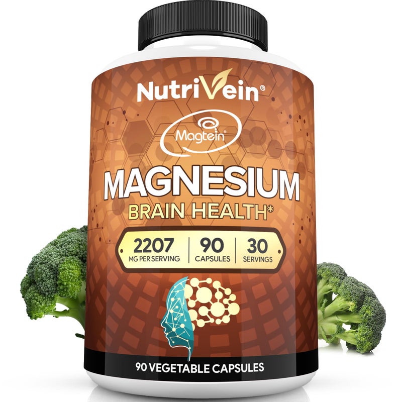 Nutrivein Premium Magnesium LThreonate Supplement Magtein 2207 mg 90 Caps 3 a Day HighAbsorption Magnesium Threonate for Brain Sleep Mood Recovery