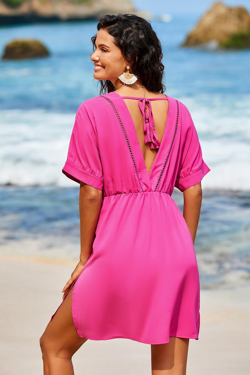 Dokotoo Bathing Suit Cover up for Women Short Sleeve Hollow Out V Neck Splits Tassel Swimsuit Coverup Resort Wear Vacation Outfits for Women 2026 Swim Beach Cover Ups Summer Sun Dresses Rosy Large - Image 5