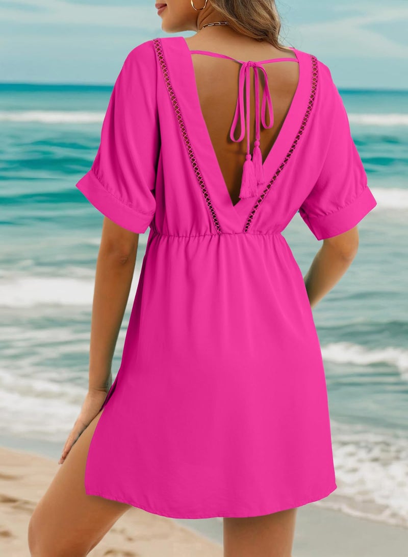 Dokotoo Bathing Suit Cover up for Women Short Sleeve Hollow Out V Neck Splits Tassel Swimsuit Coverup Resort Wear Vacation Outfits for Women 2026 Swim Beach Cover Ups Summer Sun Dresses Rosy Large - Image 2