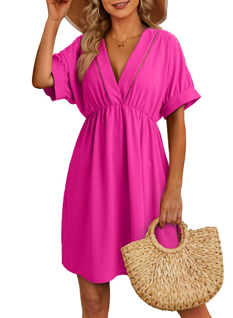 Dokotoo Bathing Suit Cover up for Women Short Sleeve Hollow Out V Neck Splits Tassel Swimsuit Coverup Resort Wear Vacation Outfits for Women 2026 Swim Beach Cover Ups Summer Sun Dresses Rosy Large - Image 1