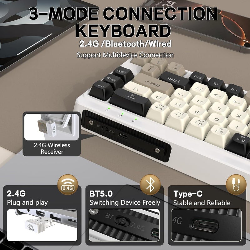 LexonElec X FREEWOLF M68 60% Wireless Gaming Keyboard, QWERTY Layout, BT/2.4G/Wired Silent Membrane Keyboard, Rainbow Backlit 67 Keys PBT Keycaps, 2000mAh Portable for Gamer/Office - Creamy - Image 3
