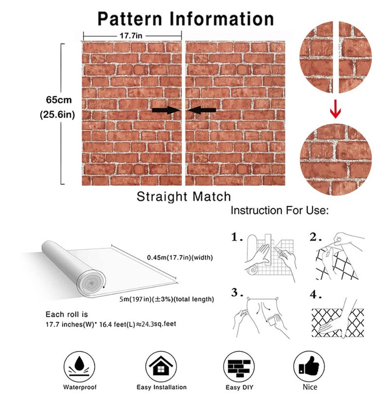 Naphite Red Brick Peel and Stick Wallpaper 3D Faux Brick Contact Paper for Cabinets/Drawers Self Adhesive Removable Wallpaper Wrapping Paper Backsplash Fireplace Kitchen Waterproof 17.7inW 197inL - Image 4