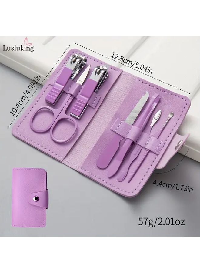 Purple 7pcs Stainless Steel Nail Clipper Set Foldable Manicure Kit Travel Essential - Image 5