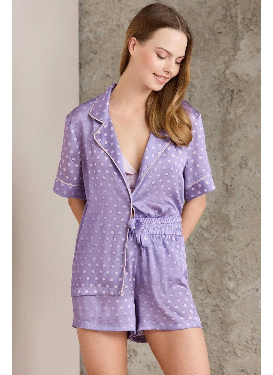بيير كاردان 1225 Women's Printed Satin 3-Piece Shorts Set-Violet