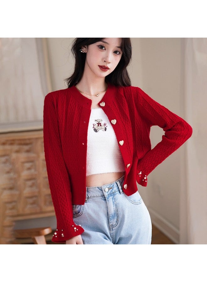 PLANDOO Women'S Base Layer Sweater, Autumn Essential Red Top, French Style Short Jacket - Image 3