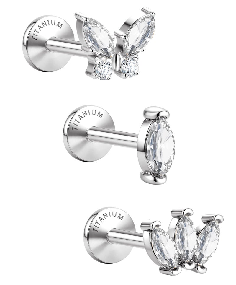 GEMQUEEN Medical Grade Titanium Earrings Screw Back Hypoallergenic 18G Flat Back Earrings Internally Threaded Tragus Cartilage Conch Helix Piercing Jewelry Lip Stud for Women Sensitive Ears