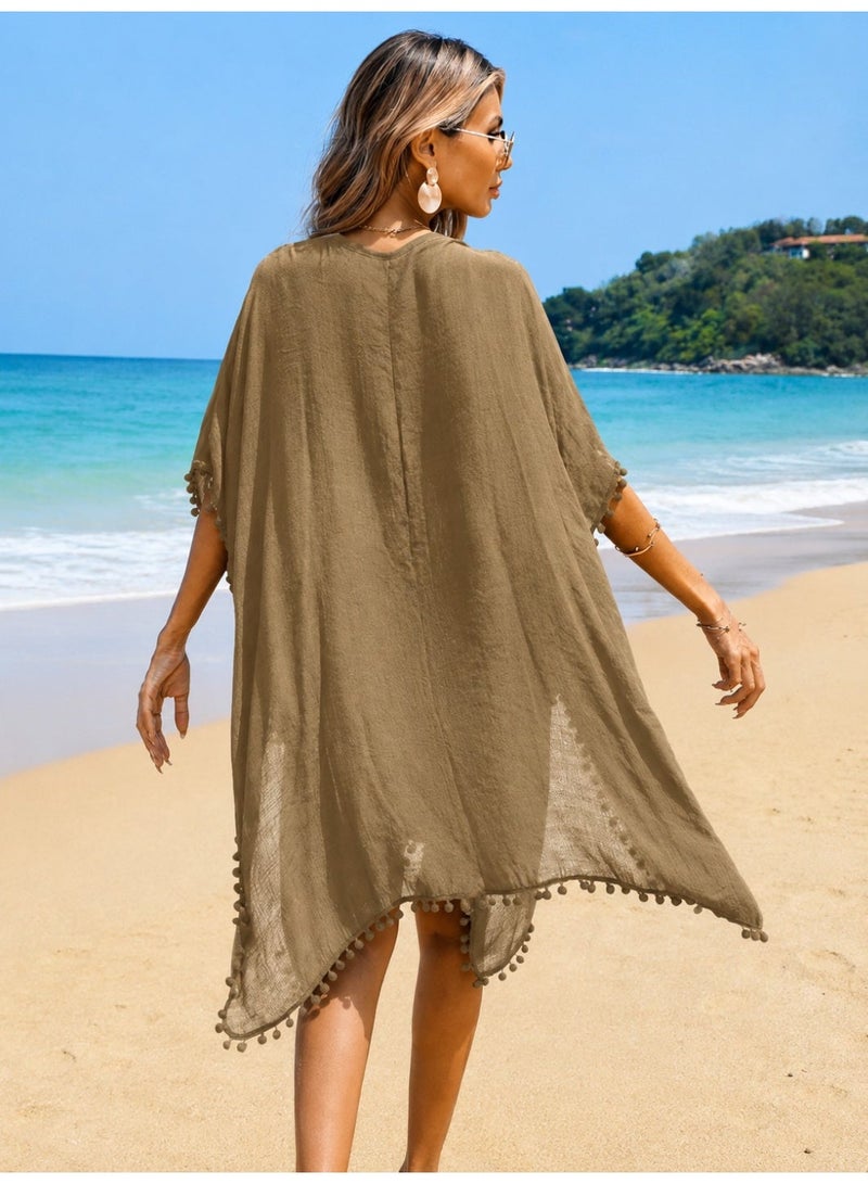 Elegant Viscose Women's Beige Beach Cover Up Kaftan Dress Lightweight Summer Beachwear Swimsuit Cover Up Bikini Cover Up V Neck Loose Fit Beach Dress for Ladies Oversized Kaftan Plus Size Beach Cover Up Plus Size Kaftan Plus Size Beach Dress Khaki Beach Cover Up Khaki Kaftan Boho Pom Pom Trim Cover Up Flowy Resort Wear Pool Cover Up Vacation Outfit Holiday Beach Dress Swimwear Cover Up Tunic Dress Casual Summer Dress Quick Dry Beach Cover Up Elegant Beach Kaftan Relaxed Fit Cover Up Sheer Beach Dress Fashion Beachwear for Women Poolside Cover Up Cruise Wear Tropical Vacation Clothing Holiday Resort Outfit Beach Tunic Kimono Style Cover Up Lounge Beach Dress Stylish Swim Cover Up Lightweight Vacation Dress Bohemian Beach Kaftan Travel Beachwear Coastal Resort Wear Chic Beach Outfit Summer Holiday Dress Oversized Beachwear Breathable Beach Cover Up Women's Resort Kaftan Fashion Swim Cover Up Beige Beach Tunic Khaki Beach Vacation Wear Beach Vacation Essential One Size Fits Most Loose - Image 4