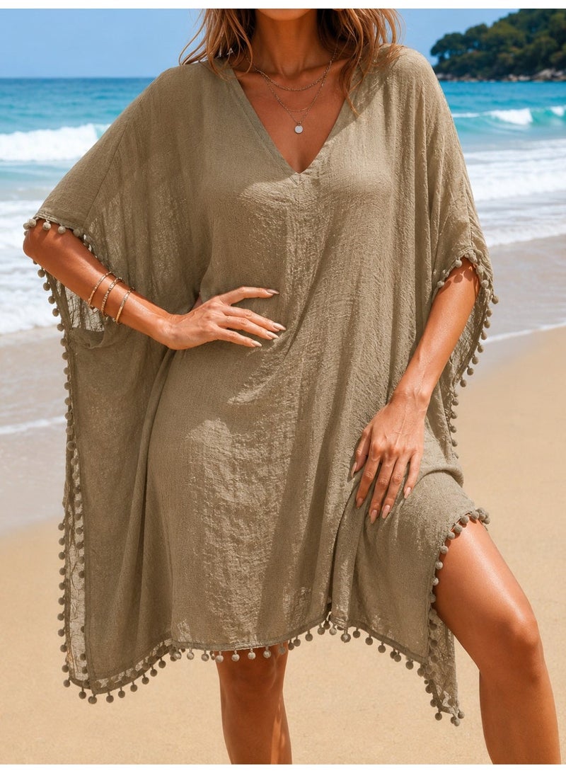 Elegant Viscose Women's Beige Beach Cover Up Kaftan Dress Lightweight Summer Beachwear Swimsuit Cover Up Bikini Cover Up V Neck Loose Fit Beach Dress for Ladies Oversized Kaftan Plus Size Beach Cover Up Plus Size Kaftan Plus Size Beach Dress Khaki Beach Cover Up Khaki Kaftan Boho Pom Pom Trim Cover Up Flowy Resort Wear Pool Cover Up Vacation Outfit Holiday Beach Dress Swimwear Cover Up Tunic Dress Casual Summer Dress Quick Dry Beach Cover Up Elegant Beach Kaftan Relaxed Fit Cover Up Sheer Beach Dress Fashion Beachwear for Women Poolside Cover Up Cruise Wear Tropical Vacation Clothing Holiday Resort Outfit Beach Tunic Kimono Style Cover Up Lounge Beach Dress Stylish Swim Cover Up Lightweight Vacation Dress Bohemian Beach Kaftan Travel Beachwear Coastal Resort Wear Chic Beach Outfit Summer Holiday Dress Oversized Beachwear Breathable Beach Cover Up Women's Resort Kaftan Fashion Swim Cover Up Beige Beach Tunic Khaki Beach Vacation Wear Beach Vacation Essential One Size Fits Most Loose - Image 5