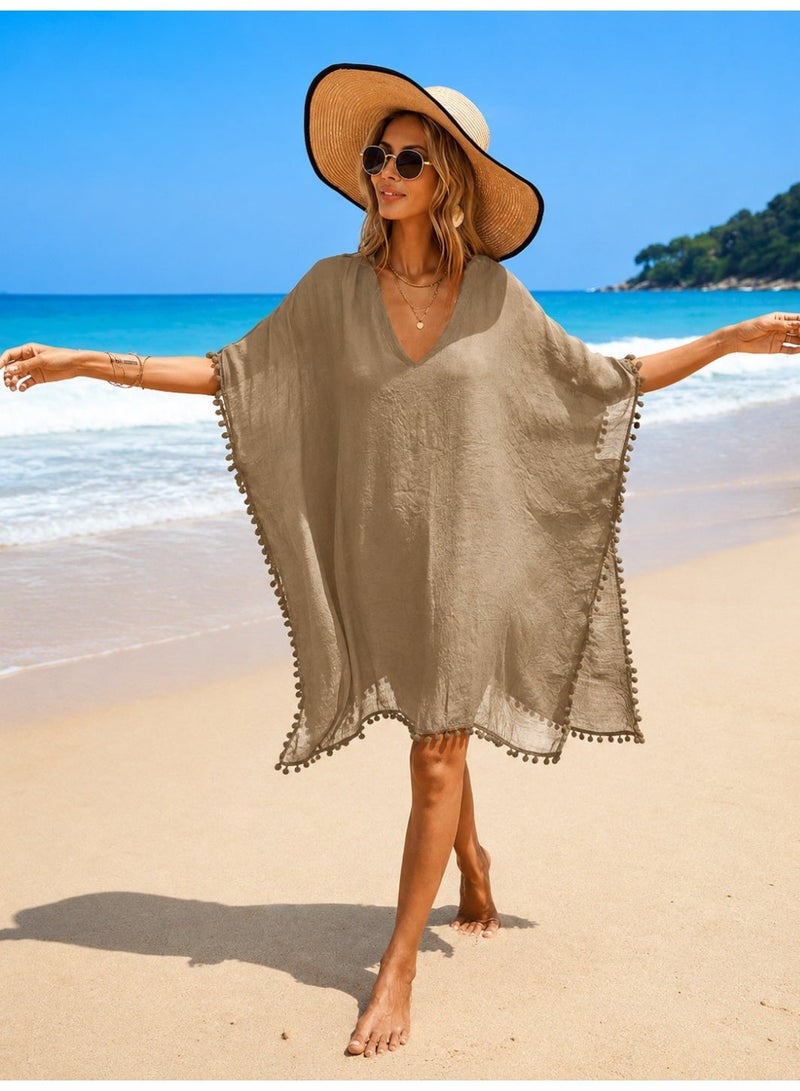Elegant Viscose Women's Beige Beach Cover Up Kaftan Dress Lightweight Summer Beachwear Swimsuit Cover Up Bikini Cover Up V Neck Loose Fit Beach Dress for Ladies Oversized Kaftan Plus Size Beach Cover Up Plus Size Kaftan Plus Size Beach Dress Khaki Beach Cover Up Khaki Kaftan Boho Pom Pom Trim Cover Up Flowy Resort Wear Pool Cover Up Vacation Outfit Holiday Beach Dress Swimwear Cover Up Tunic Dress Casual Summer Dress Quick Dry Beach Cover Up Elegant Beach Kaftan Relaxed Fit Cover Up Sheer Beach Dress Fashion Beachwear for Women Poolside Cover Up Cruise Wear Tropical Vacation Clothing Holiday Resort Outfit Beach Tunic Kimono Style Cover Up Lounge Beach Dress Stylish Swim Cover Up Lightweight Vacation Dress Bohemian Beach Kaftan Travel Beachwear Coastal Resort Wear Chic Beach Outfit Summer Holiday Dress Oversized Beachwear Breathable Beach Cover Up Women's Resort Kaftan Fashion Swim Cover Up Beige Beach Tunic Khaki Beach Vacation Wear Beach Vacation Essential One Size Fits Most Loose - Image 2