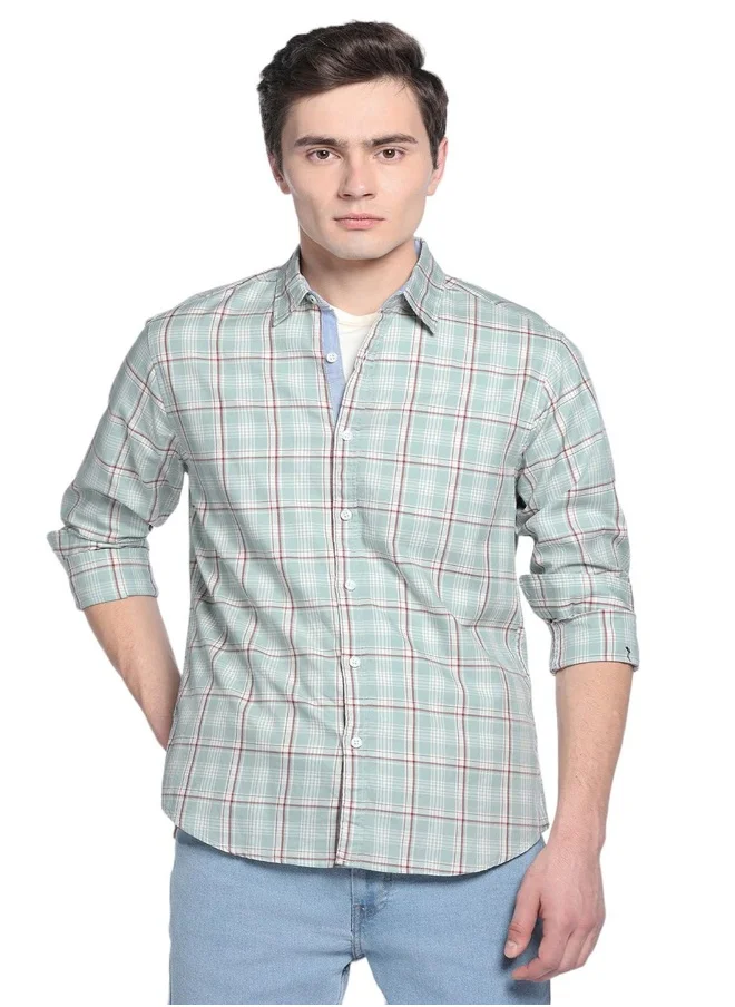 دينيس لينغو Green Slim Fit Checks Shirt for Men - Cotton, Full Sleeves, Spread Collar, Casual