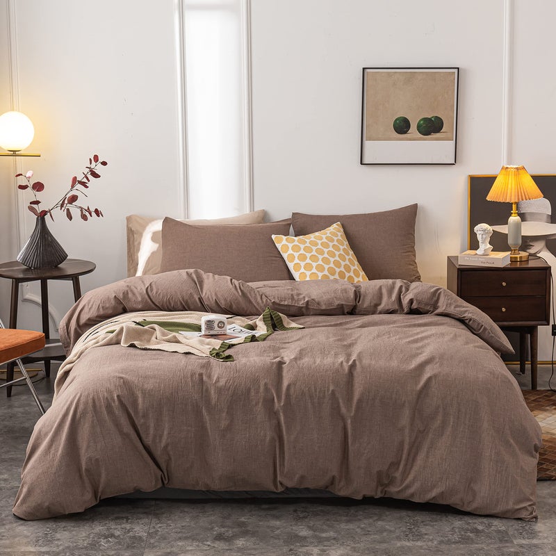 Janlive Washed Cotton Duvet Cover Full Ultra Soft 100 Cotton Solid Color Coffee Duvet Cover Set with Zipper Closure 3 Pieces Coffee Full
