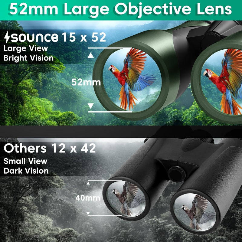 Sounce منظار خفيف الوزن 15x52 UHD للبالغين مع محول هاتف محدث - رؤية كبيرة، منظار مقاوم للماء IPX7 لمشاهدة الطيور، الصيد، المشي، مراقبة النجوم والاستخدام الخارجي (15X52) - Image 3