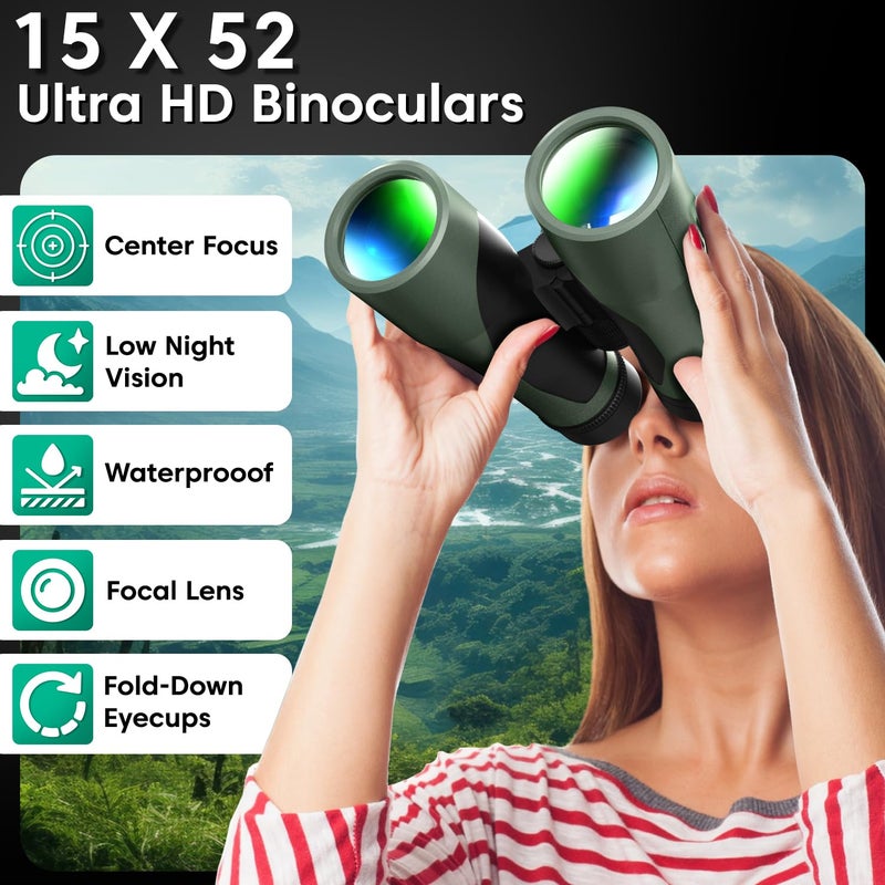 Sounce منظار خفيف الوزن 15x52 UHD للبالغين مع محول هاتف محدث - رؤية كبيرة، منظار مقاوم للماء IPX7 لمشاهدة الطيور، الصيد، المشي، مراقبة النجوم والاستخدام الخارجي (15X52) - Image 2