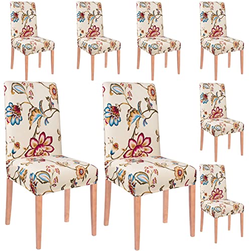Styleys Polyester Washable Elastic Dining Chair Cover Slipcovers, Beige/Red/Blue Flower, Set of 8, SLMC134 - Image 1