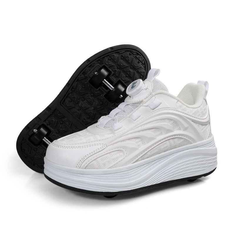 Childrens walking shoes four-wheel skating shoes retractable double-row skating shoes boys and girls students sneaker with wheels White