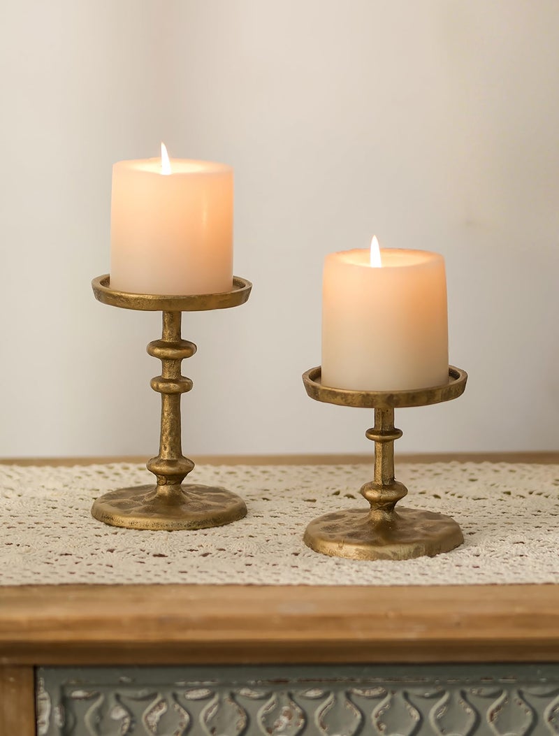NUPTIO Gold Candle Holders for Pillar: Antique Brass Cast Iron Candleholder for 3 Inch Pillars -Heavy Metal Candle Stand for Christmas Party Table Decor - Image 1