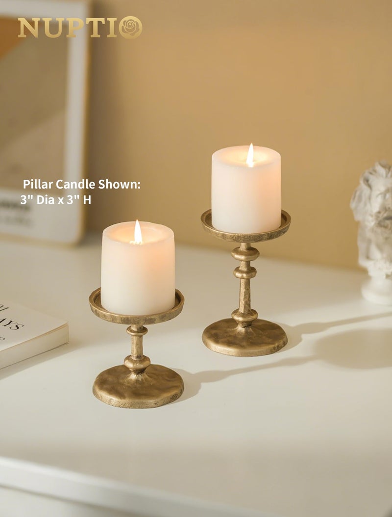 NUPTIO Gold Candle Holders for Pillar: Antique Brass Cast Iron Candleholder for 3 Inch Pillars -Heavy Metal Candle Stand for Christmas Party Table Decor - Image 2