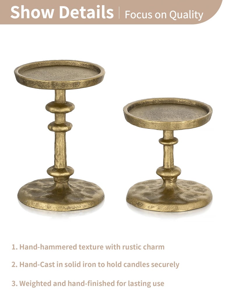 NUPTIO Gold Candle Holders for Pillar: Antique Brass Cast Iron Candleholder for 3 Inch Pillars -Heavy Metal Candle Stand for Christmas Party Table Decor - Image 5