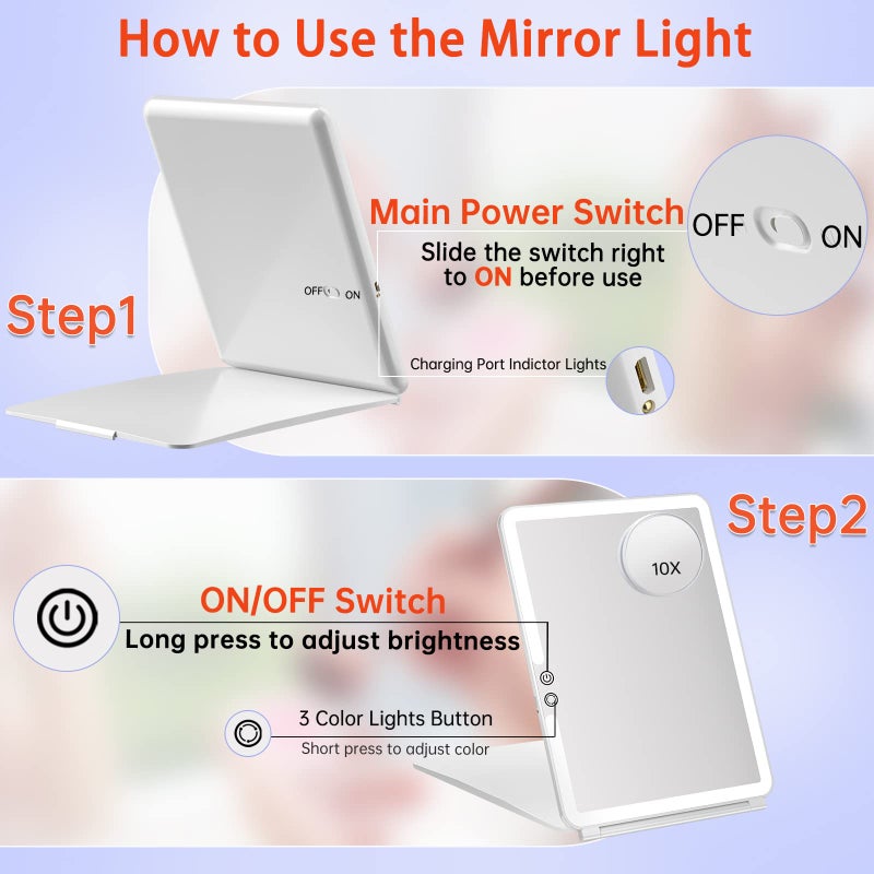 FUNTOUCH 1800mAh Rechargeable Large Travel Makeup Mirror with Lights, 10x7.5 Portable Lighted Makeup Mirror with 3 Color Lights, Dimming Folding Light Up Travel Mirrors with 10X Magnifying Mirror - Image 4