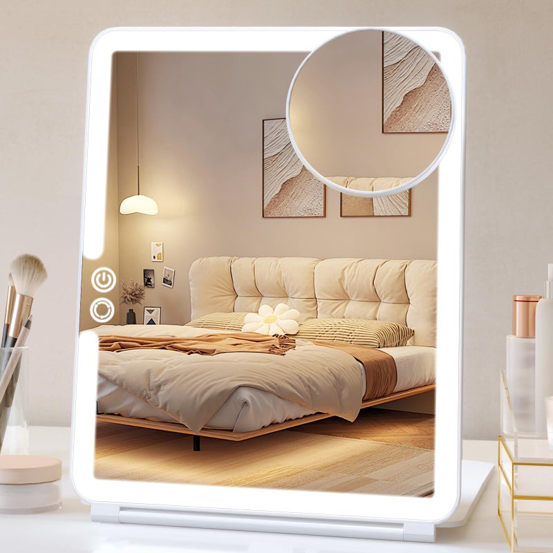 FUNTOUCH 1800mAh Rechargeable Large Travel Makeup Mirror with Lights, 10x7.5 Portable Lighted Makeup Mirror with 3 Color Lights, Dimming Folding Light Up Travel Mirrors with 10X Magnifying Mirror - Image 1
