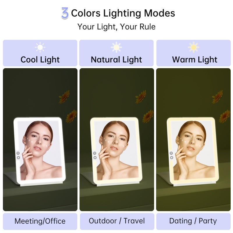 FUNTOUCH 1800mAh Rechargeable Large Travel Makeup Mirror with Lights, 10x7.5 Portable Lighted Makeup Mirror with 3 Color Lights, Dimming Folding Light Up Travel Mirrors with 10X Magnifying Mirror - Image 5