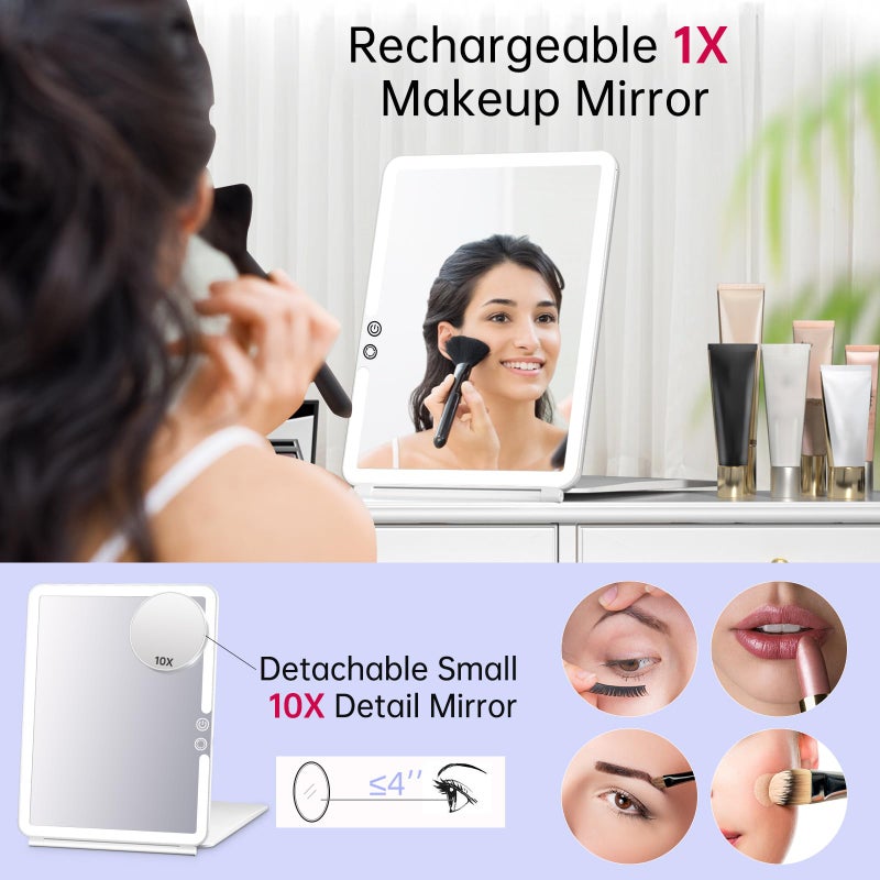 FUNTOUCH 1800mAh Rechargeable Large Travel Makeup Mirror with Lights, 10x7.5 Portable Lighted Makeup Mirror with 3 Color Lights, Dimming Folding Light Up Travel Mirrors with 10X Magnifying Mirror - Image 2