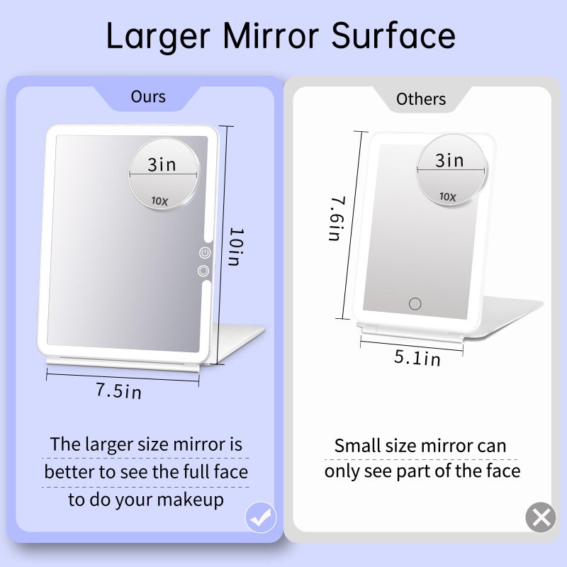FUNTOUCH 1800mAh Rechargeable Large Travel Makeup Mirror with Lights, 10x7.5 Portable Lighted Makeup Mirror with 3 Color Lights, Dimming Folding Light Up Travel Mirrors with 10X Magnifying Mirror - Image 3