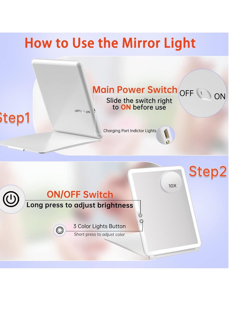 FUNTOUCH FUNTOUCH 1800mAh Rechargeable Large Travel Makeup Mirror with Lights, 10x7.5 Portable Lighted Makeup Mirror with 3 Color Lights, Dimming Folding Light Up Travel Mirrors with 10X Magnifying Mirror  - Image 3