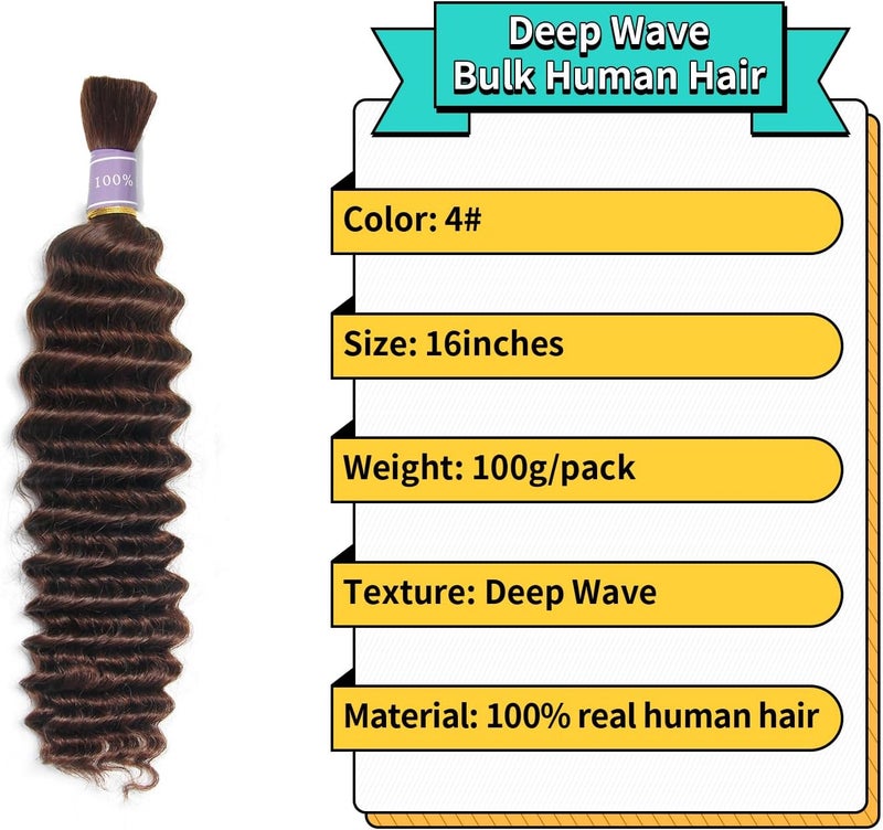 DSOAR 16 Inch Human Hair for Braiding Hair Bulk Braid Extensions Deep Wave Boho Human Braiding Hair No Weft Micro Braiding Human Hair 100g - Image 2