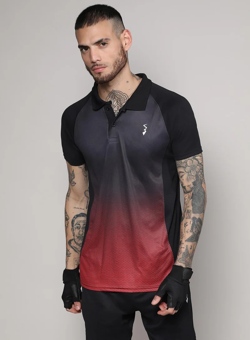 Campus Sutra Men's Jet Black & Crimson Red Ombre Polo Activewear T-Shirt For Casual Wear | Spread Collar | Short Sleeve | Anti-Odor | Dri-Fit | Jersey T-Shirt Crafted With Comfort Fit & High-Performance