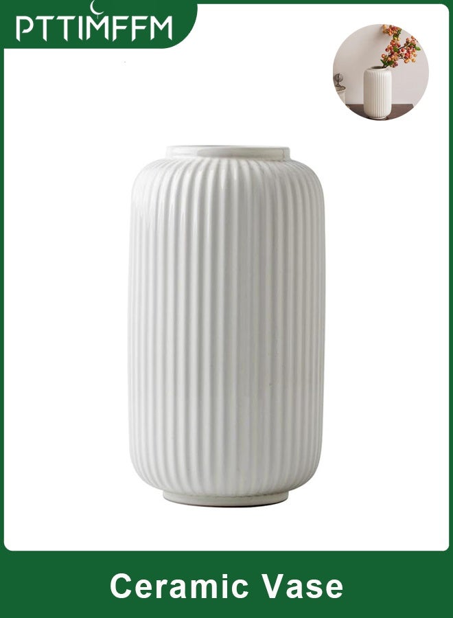 بتيمفم مزهرية زهور خزفية بيضاء عصرية، مزهرية مزخرفة منقوشة لغرفة المعيشة، ديكور منزلي بسيط للزهور والنباتات الخضراء - Image 1