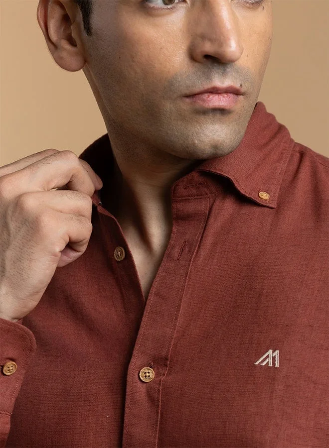 MANNERISM  The Vibrant Pop Rust Red Linen Shirt with Bold Color Energy for Men | Best Price UAE
