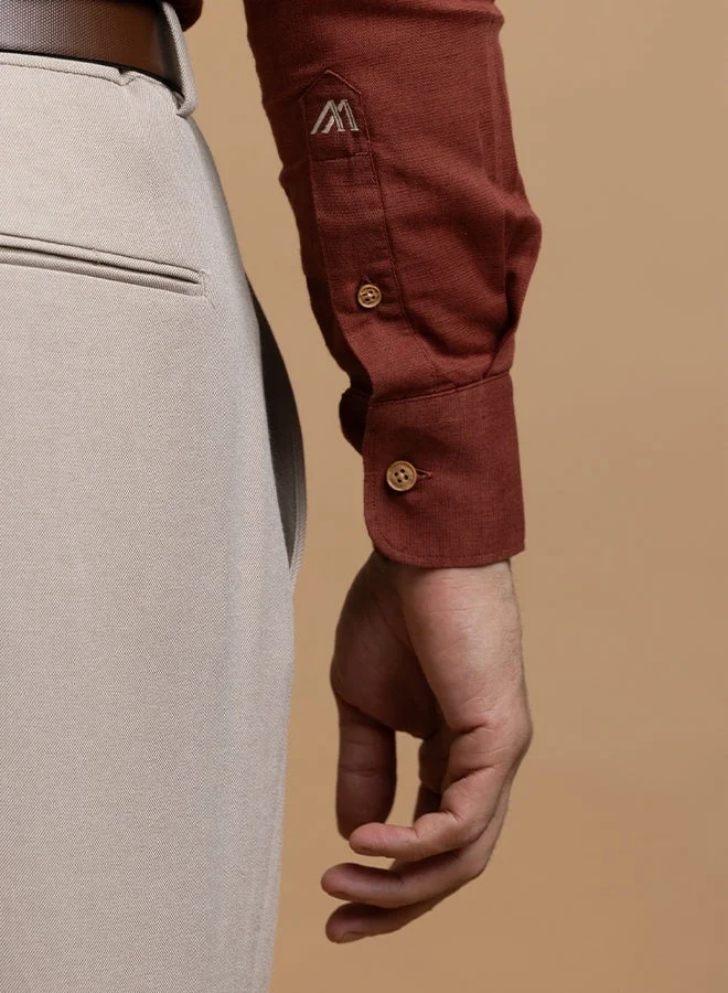 MANNERISM  The Vibrant Pop Rust Red Linen Shirt with Bold Color Energy for Men | Best Price UAE