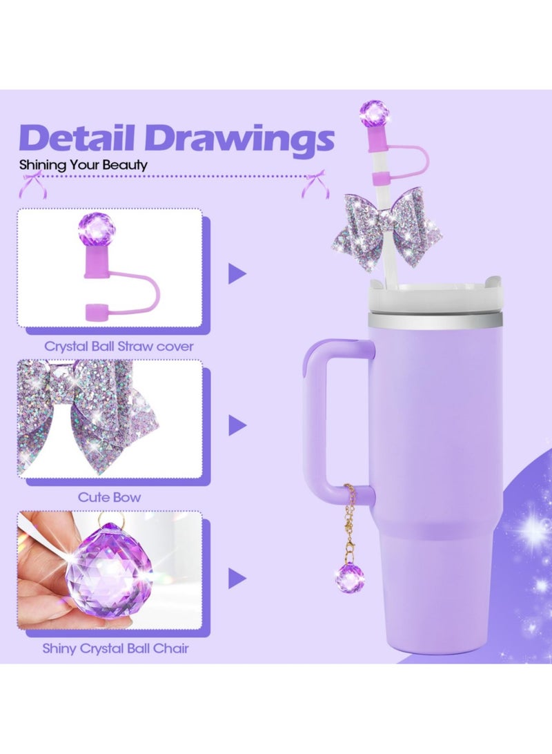 Bling Straw Cover for Stanley Cup Accessories,Sparkling Crystal Toppers, Cute Bow Ties and Crystal Prism Chain Charms for 30 & 40 oz Tumbler with Handle,10mm 0.4in Straw Lid Cap  - Image 2